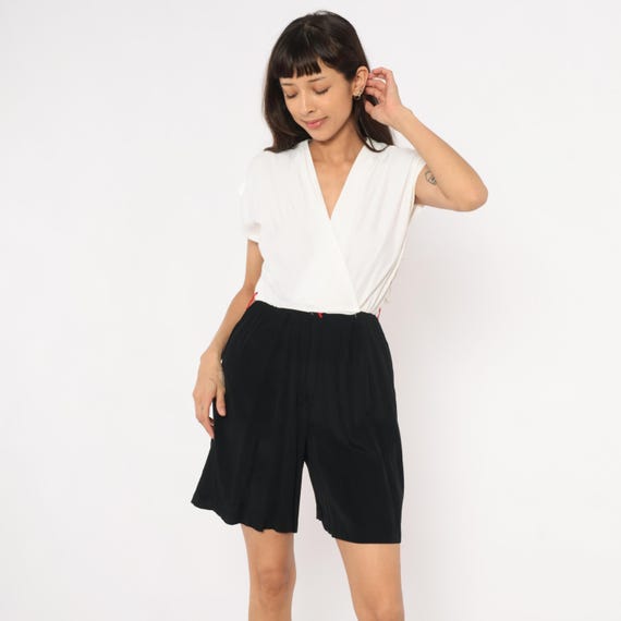 80s Black White Romper Wrap Front Jumpsuit Cap Sleeve Color Block Playsuit Elastic Waist Red One Piece Vintage Summer Beach Vacation Small S