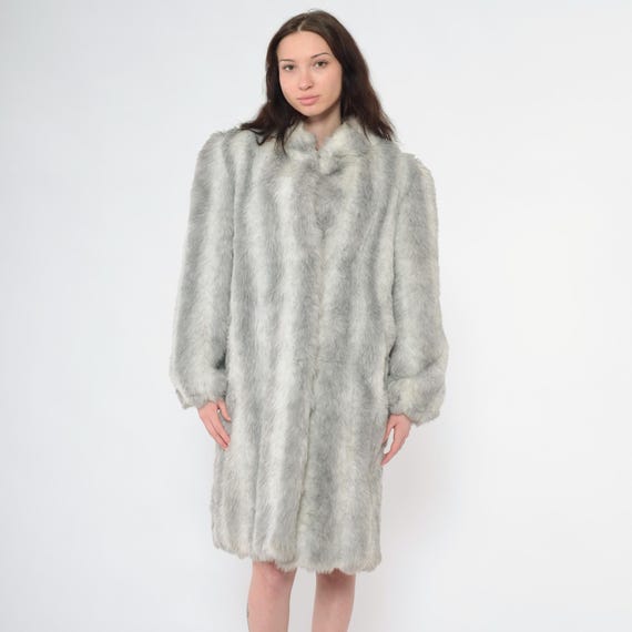 90s Faux Fur Coat Grey Striped Furry Jacket Fake Fur Vegan Coat Vintage 1990s Bohemian Animal Winter Fuzzy Hipster Boho Small Medium