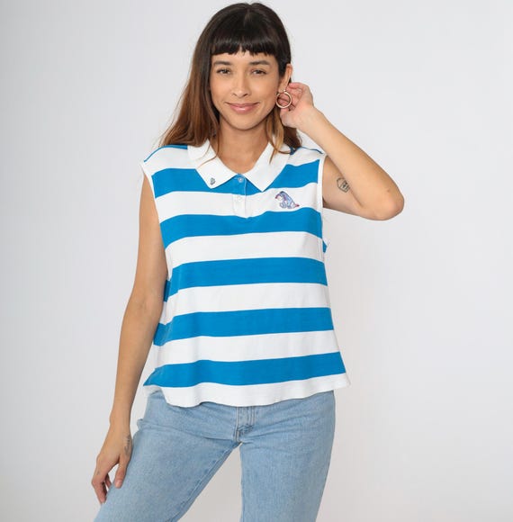 Disney Eeyore Tank Top Blue Striped Sleeveless Polo Shirt Collared Graphic Cartoon T Shirt Cotton Extra Large xl