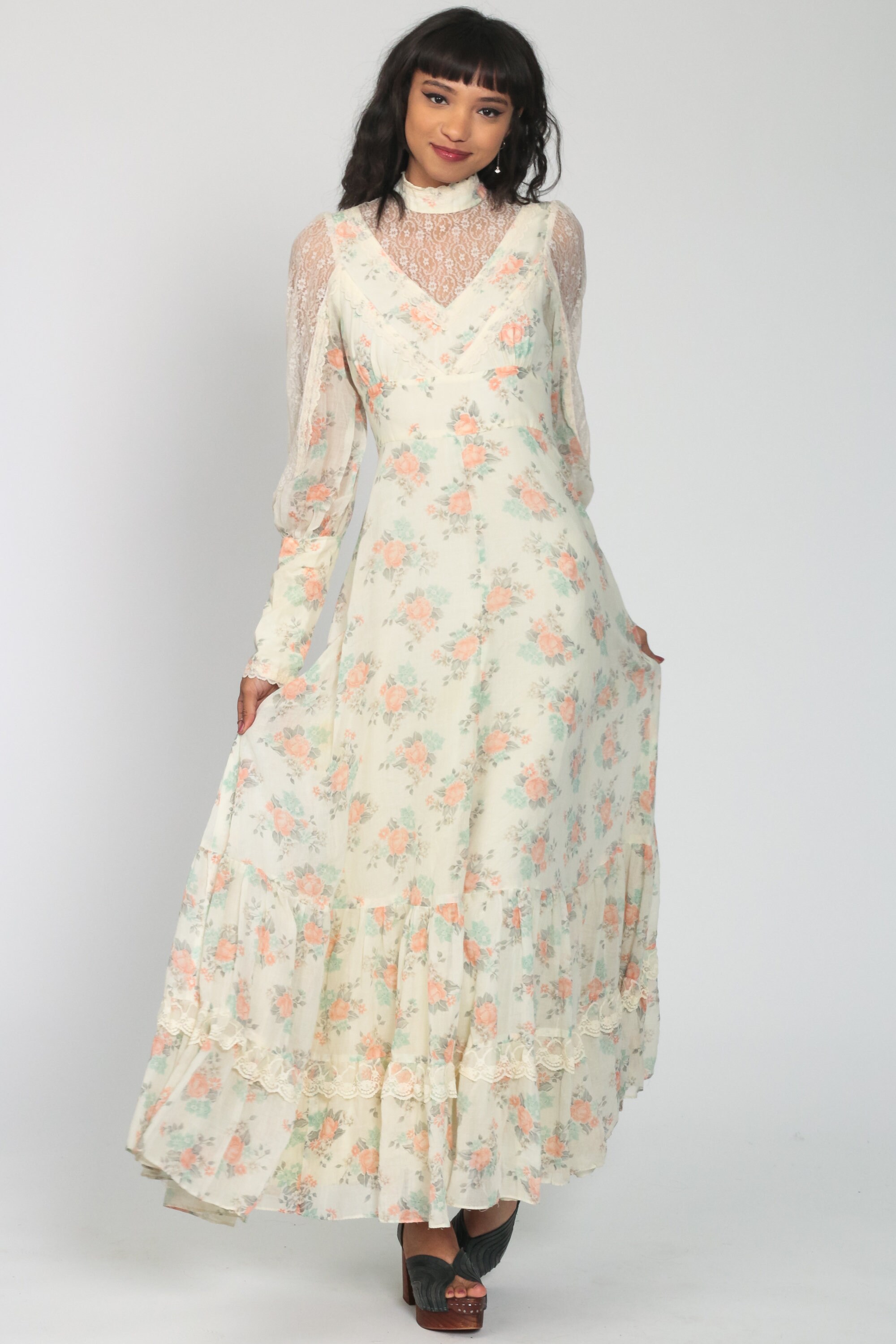 Gunne Sax Dress 70s Maxi Floral Print Bohemian Cream LACE Sheer SLEEVE Prairie 1970s Boho Dress 