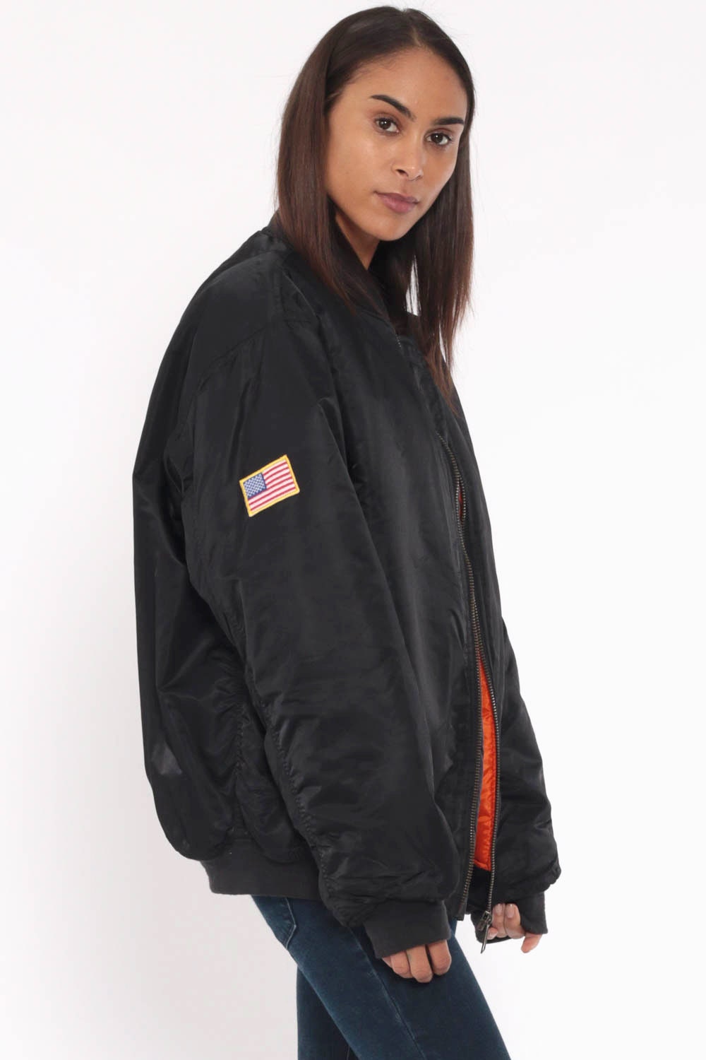 Black Bomber Jacket Puffer Jacket Retro Ski Jacket 00s American Flag Patch Coat Puffy Warm 