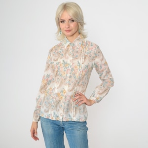 70s Floral Blouse White Paisley Disco Shirt Button Up Top Pleated Bohemian Long Sleeve Groovy Flower Print Vintage 1970s Small S