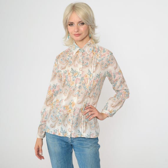 70s Floral Blouse White Paisley Disco Shirt Button Up Top Pleated Bohemian Long Sleeve Groovy Flower Print Vintage 1970s Small S