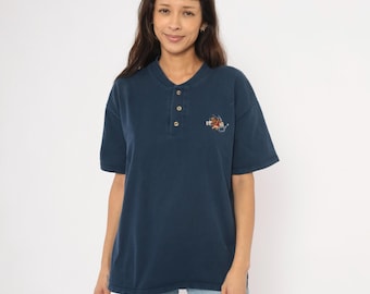 90s Ottawa Henley Shirt Navy Blue Cotton Embroidered Bulldog Golf Graphic Tee Neck Boxy Relaxed Fit Streetwear Vintage Oneita Top Large L