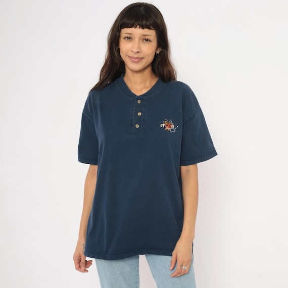 90s Ottawa Henley Shirt Navy Blue Cotton Embroidered Bulldog Golf Graphic Tee Neck Boxy Relaxed Fit Streetwear Vintage Oneita Top Large L