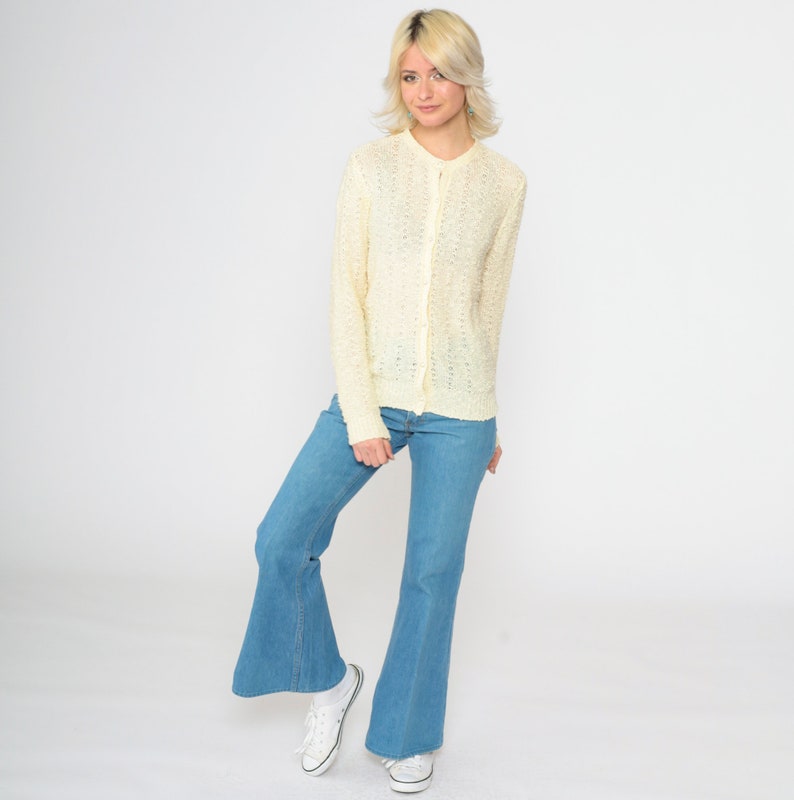 Pale Yellow Cardigan 80s Pointelle Knit Pearl Button up Sweater Open Weave Sheer Sweater Retro Grandma Openwork Vintage 1980s Small S image 3