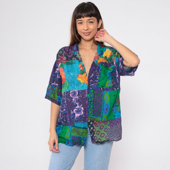 Patchwork Floral Blouse 90s Button Up Shirt Retro Short Sleeve Top Collared Tropical Flower Dot Print Purple Green Vintage 1990s Medium