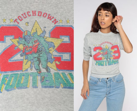 80s Football Sweatshirt Touchdown Graphic Shirt Long Sleeve Pullover #29 Screen Print Retro Sporty Tee 1980s Sportswear Grey Vintage 2XS XXS