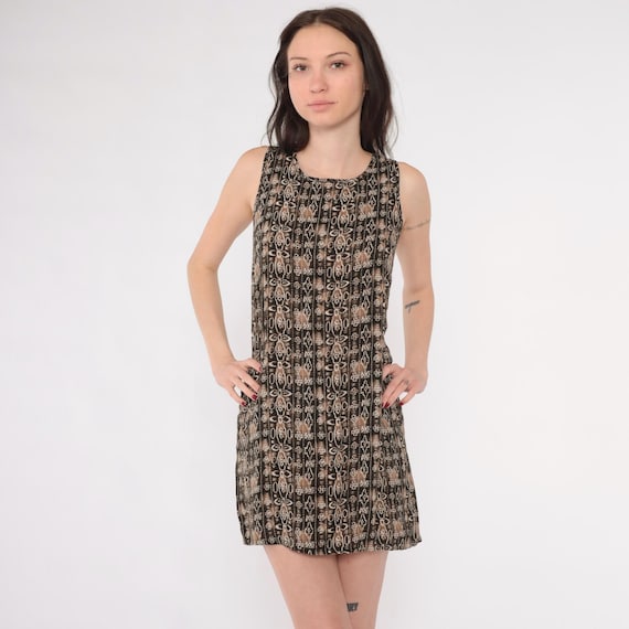 90s Mini Dress Geometric Sun Dress Grunge Dress Tan Brown 1990s Bohemian Hippie Vintage Shift Sheath Sleeveless Small xs