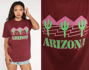 Vintage Arizona T-Shirt 80s Burgundy Saguaro Cactus Desert T Shirt Graphic Tee Tourist Tshirt Single Stitch 1980s Screen Stars Medium Large