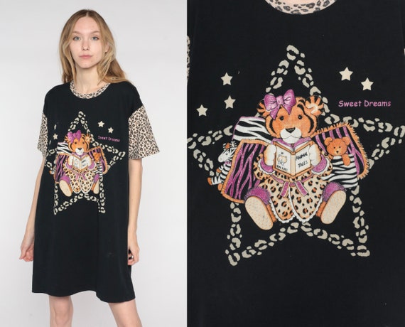 Baby Tiger TShirt Dress 90s Sweet Dreams Pajama Dress Cartoon Nightie Mini Nightgown Black Animal Print Tee Vintage 1990s Small Medium Large