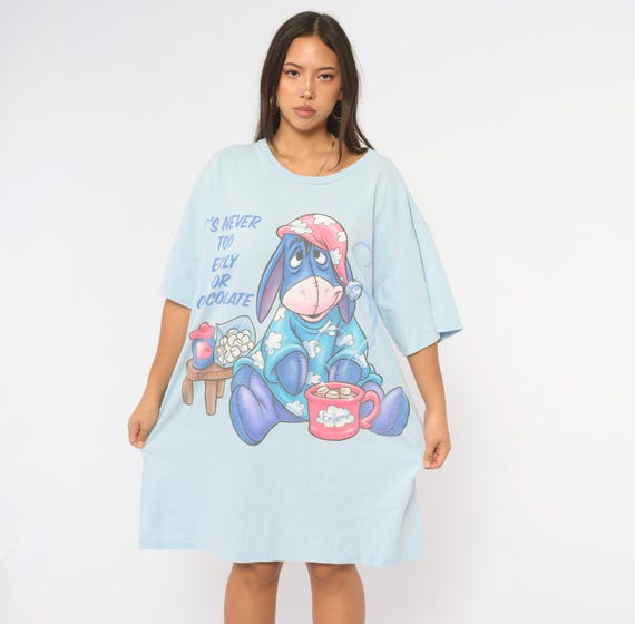 90s Eeyore Nightshirt "It's Never Too Early For Chocolate" Disney T Shirt Dress Blue Pink Sleep Loungewear Winnie the Pooh One Size
