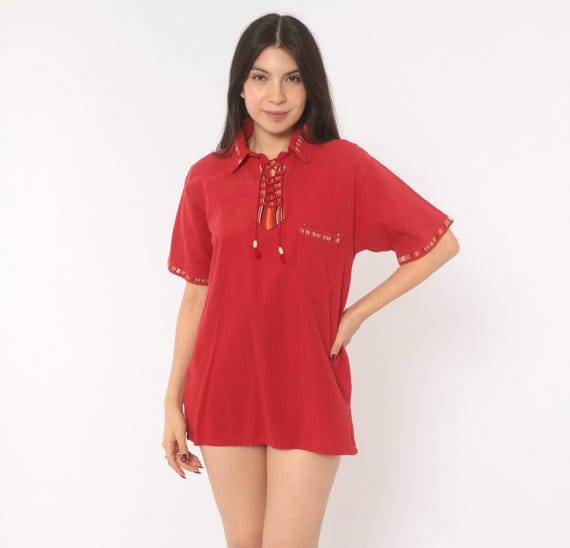 90s Lace Up Shirt Red Cotton Tribal Trim Short Sleeve Tunic Top Southwestern Woven Tassels Chest Pocket Camp Style Crimson Vintage Medium M