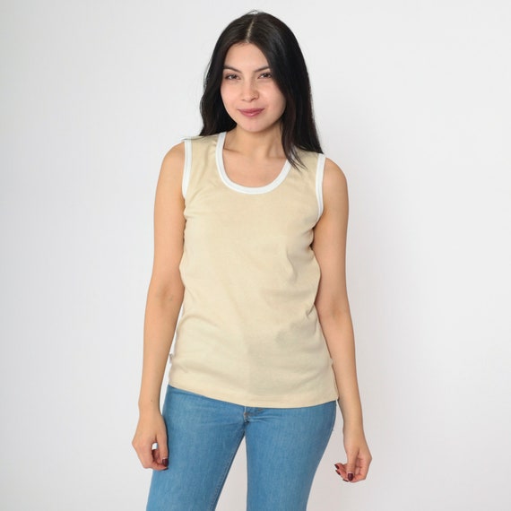 Beige Tank Top 80s Ringer Tee Shirt Jantzen Sleeveless T-Shirt Retro Basic Plain Solid Summer Sporty 1980s Vintage Small S