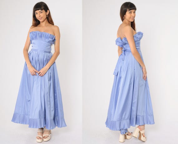 Vintage 80s Strapless Periwinkle Party Dress Ruffle Trim Pleated Taffeta Maxi Formal Prom Gown Evening Retro 1980s Small S