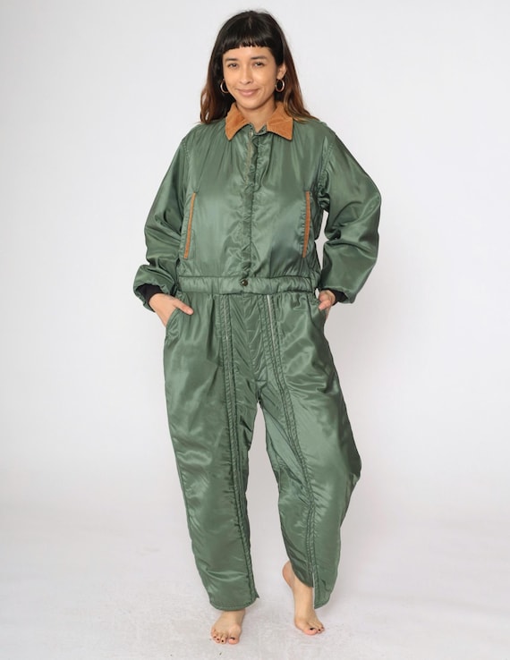 Vintage Green Ski Suit 80s Brown Corduroy Collar Nylon Quilted Lining Winter Sportswear One Piece Snowsuit Retro 1980s Zip Up Medium