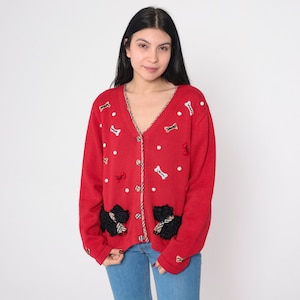 Scottie Dog Sweater 90s Button up Knit Cardigan Scottish Terrier Fuzzy Dog Print Red Plaid Bone Patches Mixed Media Vintage 1990s Large L