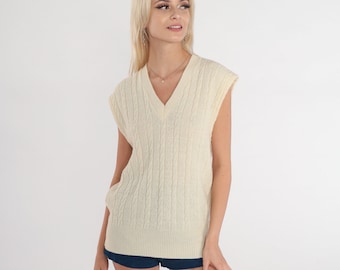 70s Sweater Vest Cream Cable Knit Tank Top 80s Sleeveless Pullover V Neck 1970s Preppy Knitwear Plain Acrylic Vintage Medium M