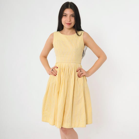 60s Yellow Striped Dress Vintage Fit and Flare Pleated Mini Day Dress Mad Men High Waisted Mid Century Sundress 1960s 2xs/xxs 22 Waist
