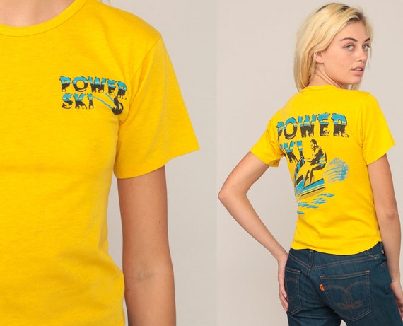 Jet Ski Shirt Graphic Tee 80s POWER SKI Retro T Shirt Vintage Water Sports 70s Tshirt Paper Thin Tee Print Baby Tee Yellow Extra Small xs