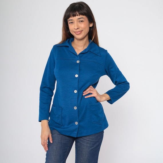 70s Button Up Shirt Dark Blue Wool Blend Blouse Disco 1970s Dagger Collar Pocket Shirt Vintage Long Sleeve Retro Plain Medium