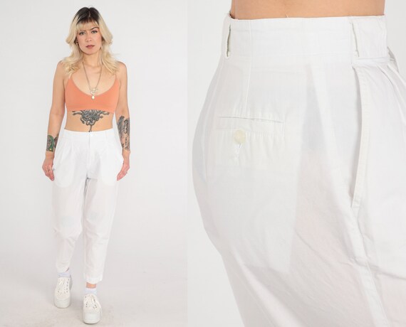 White Pleated Trousers 90s Semi-Sheer Cotton High Waisted Pants Retro Tapered Leg Slacks Casual Vintage 1990s Liz Claiborne Small 6
