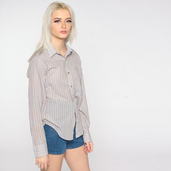 Rainbow Striped Blouse 80s Cotton Top Button Up S… - image 5