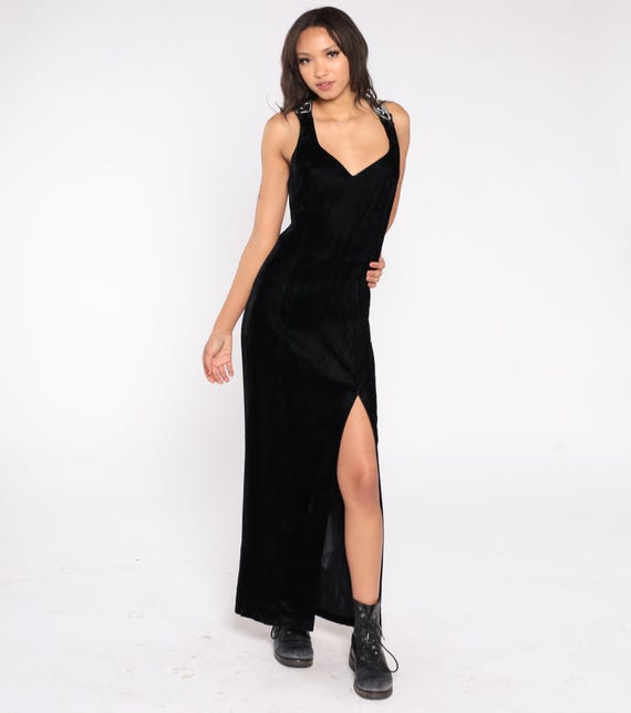 90s Black Velvet Gown Silver Embroidered Cross Back Side Slit Plunging Formal Evening Dress Floor Length Roberta Cocktail Night Out Medium