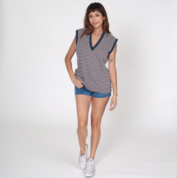 Checkered Tank Top Ringer Vest Shirt 70s Houndstooth Tank Top Navy Blue V Neck Top Maroon Retro Shirt 1970s Vintage Nerd Geek Large