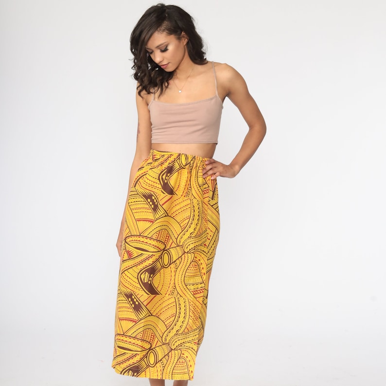 African Skirt Boho Tribal Print Yellow HIGH WAISTED Midi Skirt 80s Long Vintage Hippie Festival Summer Skirt 1980s Small Medium image 2