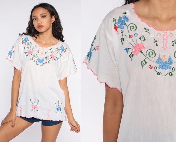 White Embroidered Blouse Floral MEXICAN Cotton Tunic Top Boho Hippie Bohemian Vintage Tent Shirt Festival Large l