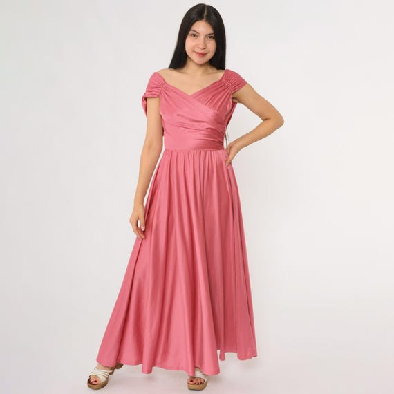 70s Pink Maxi Dress Coral Disco Prom Draped V Neck Wrap Style Floor Length Vintage Party Formal Garden Wedding Reception Extra Small XS 2