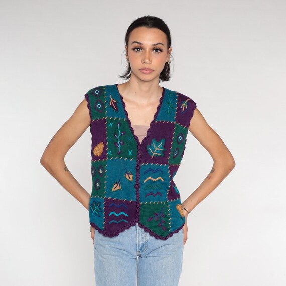 90s Sweater Vest Patchwork Leaf Print Button up K… - image 5