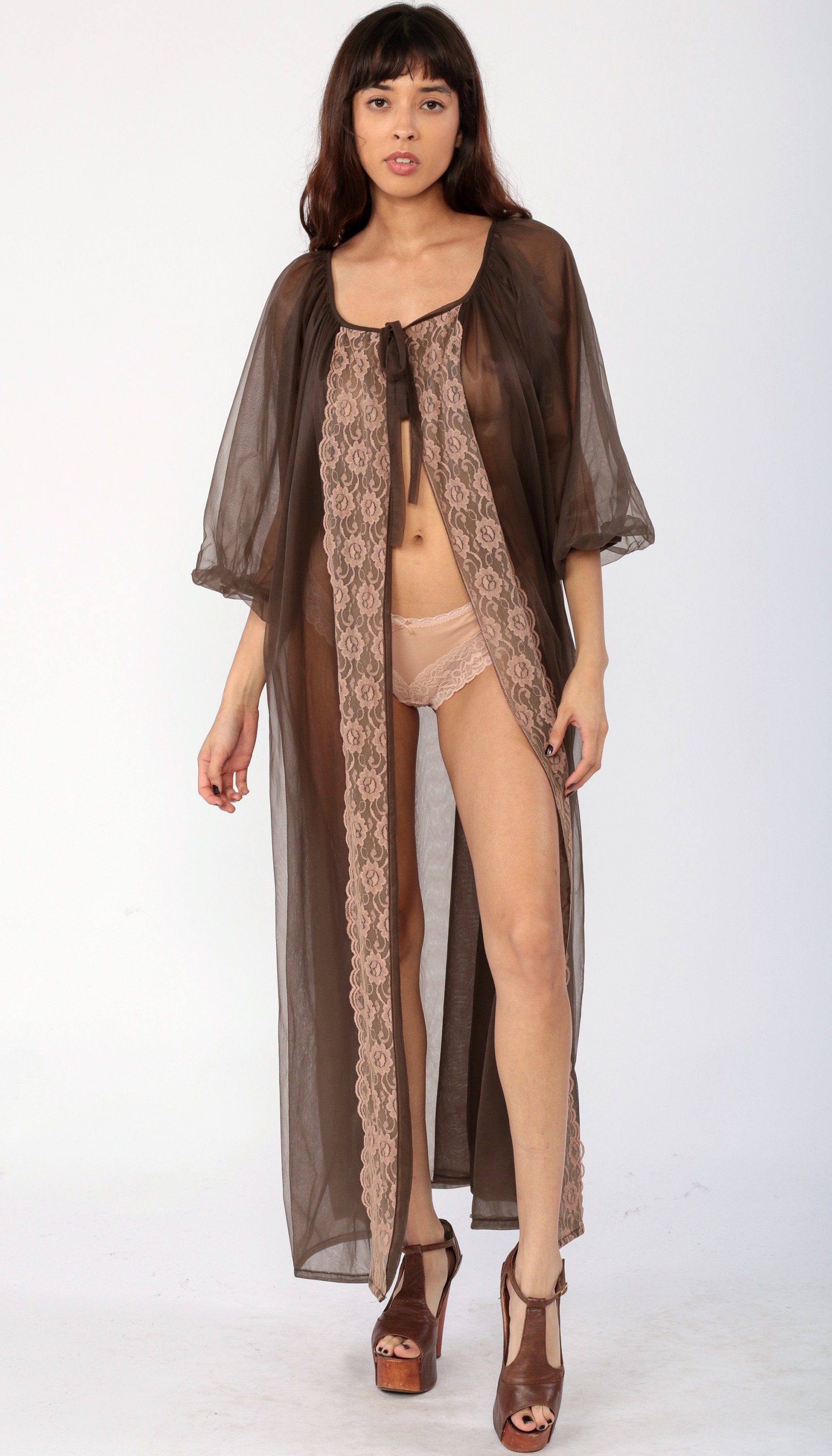 Sheer Brown Robe Long Lingerie Jacket 70s LACE Robe Boho Maxi Lingerie