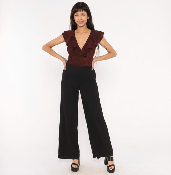 Sparkly Ruffle Jumpsuit 2000s Black Wide Leg Palazzo Deep V Neck Flutter Sleeve Glitter Wine Top Party Evening Going Out Vintage Medium M