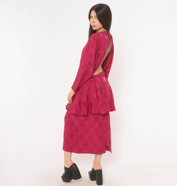 80s Backless Fuchsia Peplum Dress Open Back Jacquard Diamond Pattern Long Sleeve Magenta Berry Hot Pink Edgy Alt Vintage Womens Large L