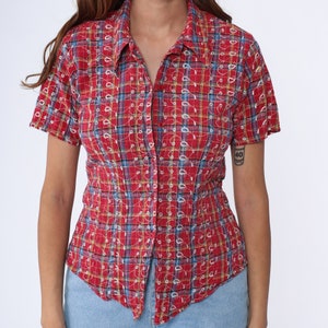 90s Plaid Blouse Red Embroidered Button Up Shirt Short Sleeve Eyelet Collared Top Checkered Preppy Casual Summer Vintage 1990s Small Medium image 6