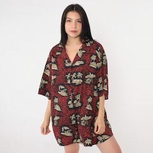 Vintage Red Hawaiian Shirt 90s Tropical Button Up Beach Palm Tree Print Top Retro Aloha Tiki Surfer Vacation Short Sleeve 1990s Men&#39;s 2x xxl