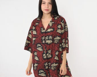 Vintage Red Hawaiian Shirt 90s Tropical Button Up Beach Palm Tree Print Top Retro Aloha Tiki Surfer Vacation Short Sleeve 1990s Men's 2x xxl