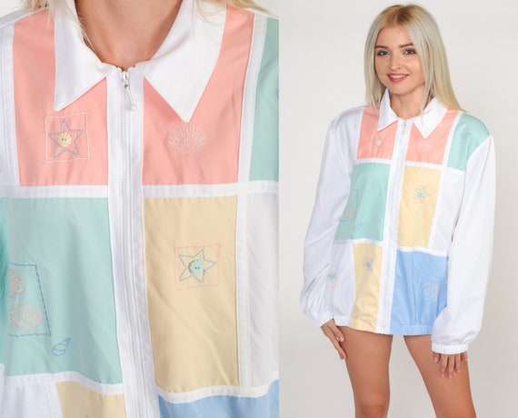 Seashell Windbreaker Jacket 90s Color Block Beach Jacket Starfish Zip up White Pastel Fish Embroidered 1990s Shell Print Vintage Large 14 Etsy