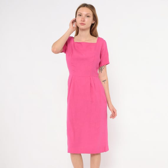 80s Fuchsia Sheath Dress Square Neckline Hot Pink Linen Cotton Pleated Waist Pencil Skirt Magenta Rose Summer Office Cocktail Garden Small S