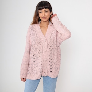 Pink Pointelle Cardigan 90s Button Up V Neck Openwork Knit Vintage Plus Size Coquette Cottagecore Alternative Oversized Romantic Soft 1X