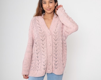 Pink Pointelle Cardigan 90s Button Up V Neck Openwork Knit Vintage Plus Size Coquette Cottagecore Alternative Oversized Romantic Soft 1X