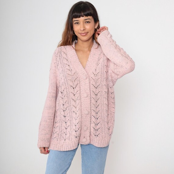 Pink Pointelle Cardigan 90s Button Up V Neck Openwork Knit Vintage Plus Size Coquette Cottagecore Alternative Oversized Romantic Soft 1X