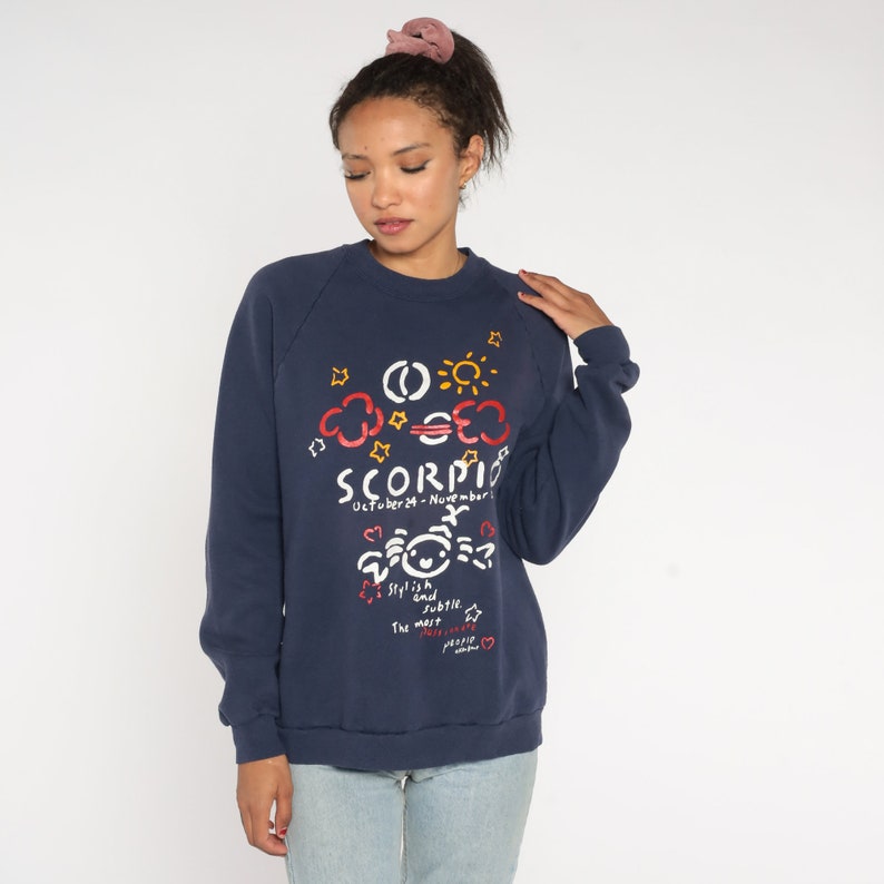 Scorpio Sweatshirt 90s Ken Done Astrology Sweatshirt Zodiac Scorpion Graphic Crewneck Raglan Sleeve Navy Blue Vintage 1990s Medium Large image 2