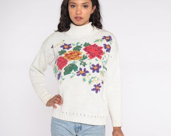 White Floral Sweater 90s Boho Graphic Print Cotton Ramie Knit Slouchy 1990s Pullover Vintage 80s Jumper Mock Neck Medium