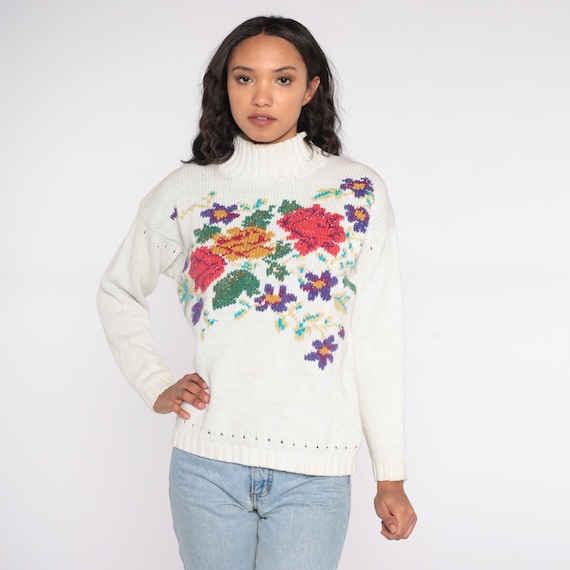 White Floral Sweater 90s Boho Graphic Print Cotton Ramie Knit Slouchy 1990s Pullover Vintage 80s Jumper Mock Neck Medium