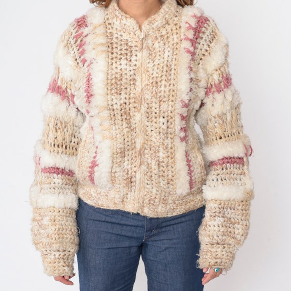 Chunky Knit Sweater 70s Zip Up Fuzzy Cardigan Tan… - image 8