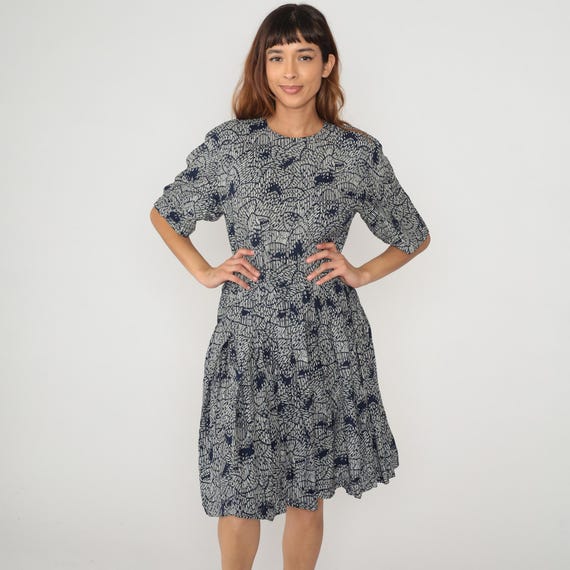 80s Abstract Floral Day Dress Black White Geometric Lines Dots Pattern Tie Waist Belt Office Work Casual Vintage Day Dress Medium M