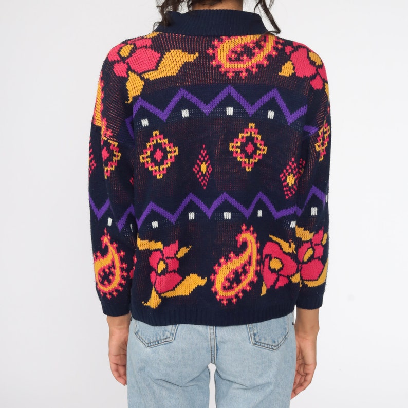 Floral Sweater 80s Navy Blue Paisley Sweater Graphic Print Knit Slouchy 1980s Pullover Pink Vintage Hipster Jumper Kawaii Medium